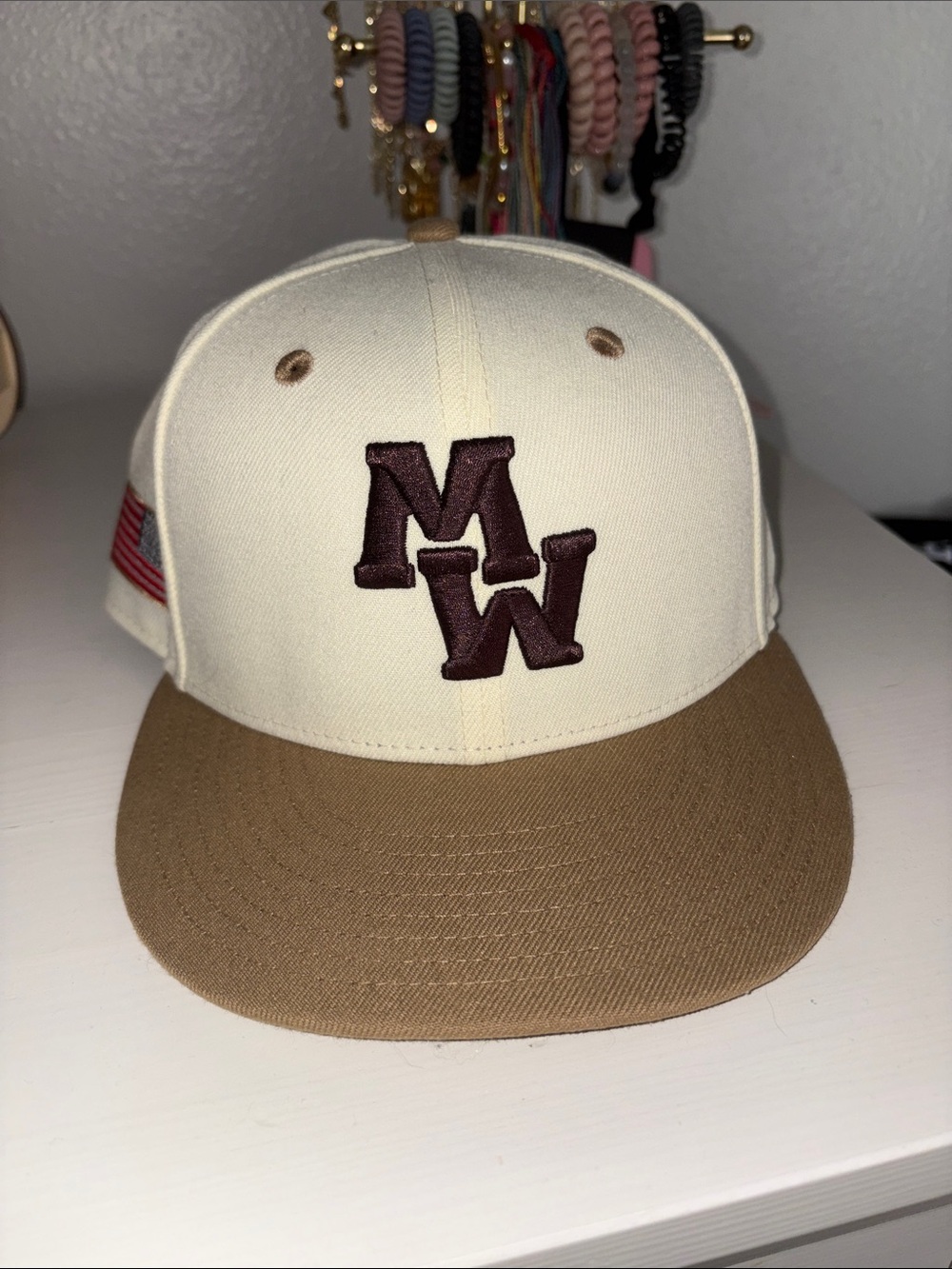 Embroidered Two-Tone Morgan Wallen Baseball Cap in Cream & Tan